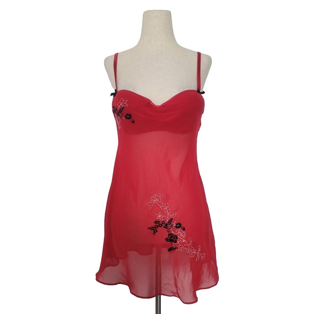 Y2K 90s Bustier Floral Embroidered Babydoll Slip Dress Size M Red Vamp Coquette